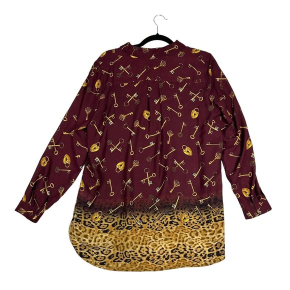 Susan Graver Womens 8 Button Front Long Sleeve Tunic Lock Key Leopard Print Red - Picture 2 of 7